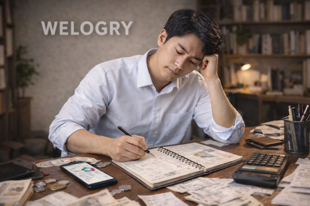 가계부 쓰는 법을 고민하며 지출 내역을 정리하는 30대 직장인 남성